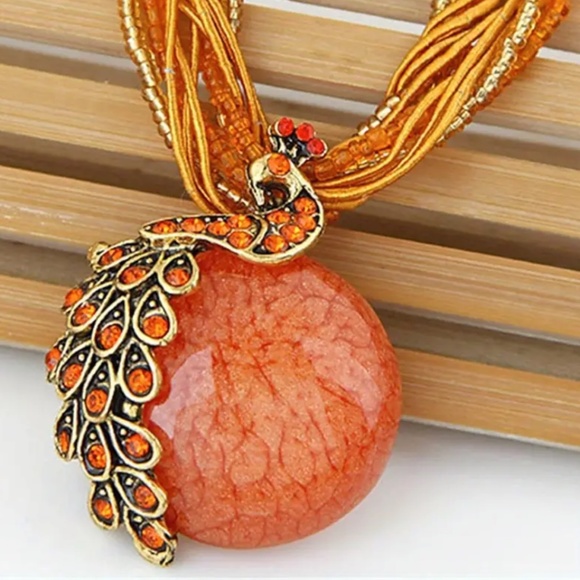Peacock Gemstone Orange 19" Necklace - Beaded Style Multi Corded Braided - Picture 2 of 5